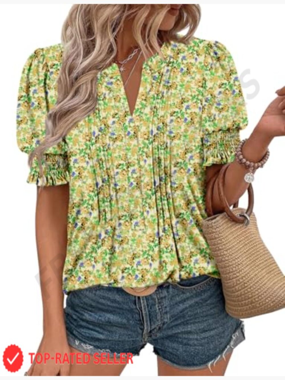 Dressy Casual Top Puff Sleeve Pleated Blouse Loose Trendy Summer Shirt V-Neck - Picture 2 of 7